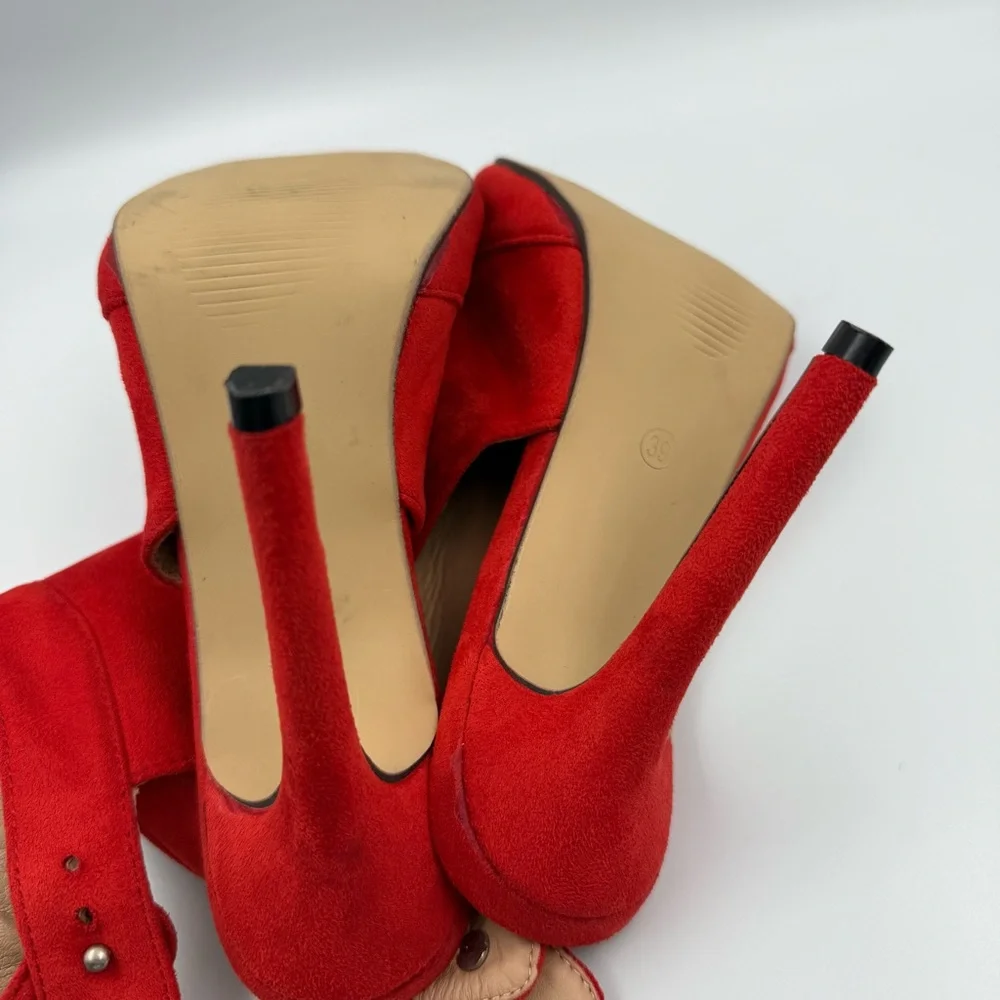 Meiliani Red Faux Suede Peep Toe Stiletto Booties Women’s Size 8 - Picture 12 of 15